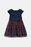 Robe de fête bi-matière velours et tulle à carreaux bleu bébé fille
