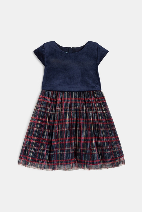 Robe de fête bi-matière velours et tulle à carreaux bleu bébé fille