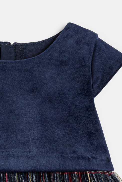 Robe de fête bi-matière velours et tulle à carreaux bleu bébé fille