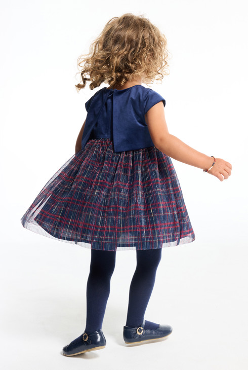 Blau kariertes Baby-Festkleid aus den zwei Materialien Samt und Tüll für Mädchen 2