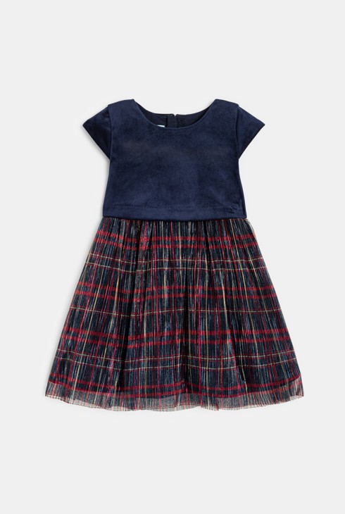 Blau kariertes Baby-Festkleid aus den zwei Materialien Samt und Tüll für Mädchen 2