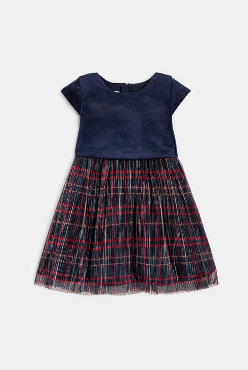 Vestido de fiesta azul de terciopelo y tul a cuadros para bebé niña 1