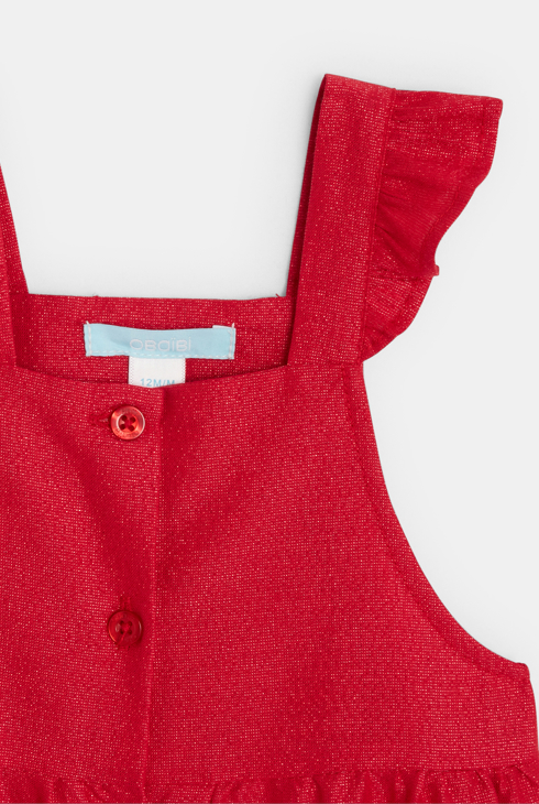 Roter irisierender Baby-Kurzoverall mit Trägern für Mädchen. 2