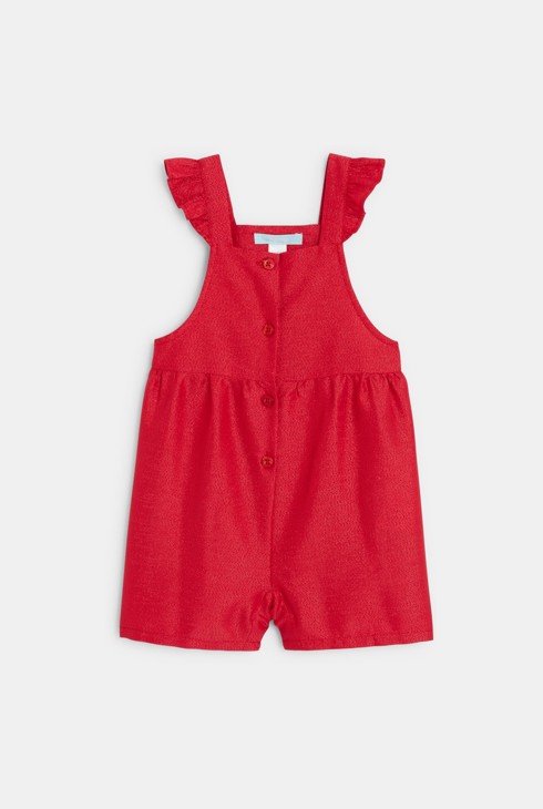 Roter irisierender Baby-Kurzoverall mit Trägern für Mädchen. 2