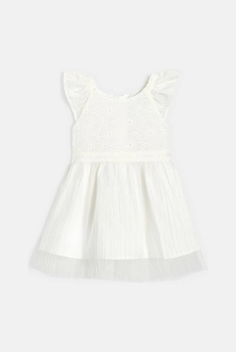 Schickes Baby-Kleid aus zwei Materialien Spitze und Plissee in Weiß für Mädchen 1