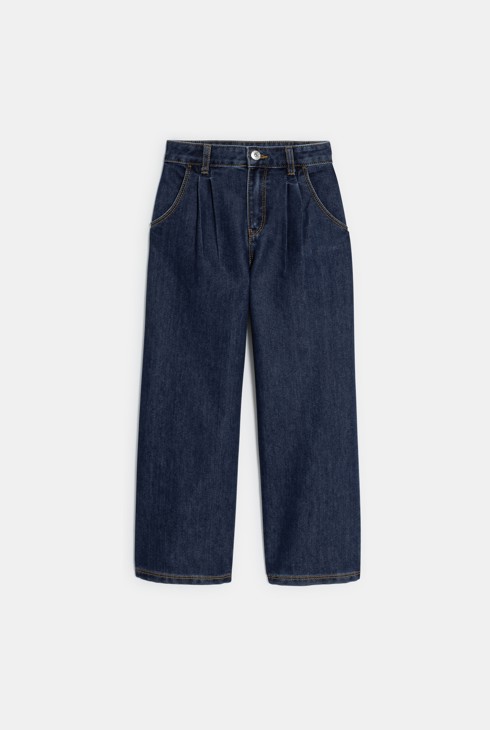 Ruw blauwe bandplooibroek met wijde pijpen voor meisjes