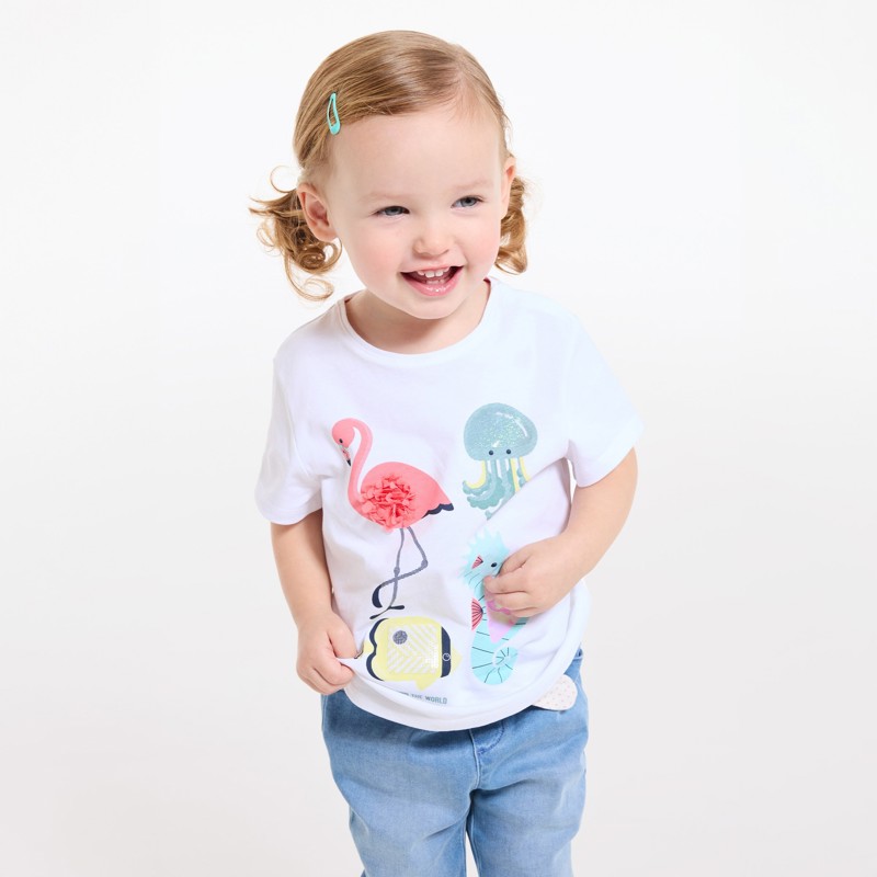 Weißes Baby-T-Shirt mit Tieren zum Greifen für Mädchen