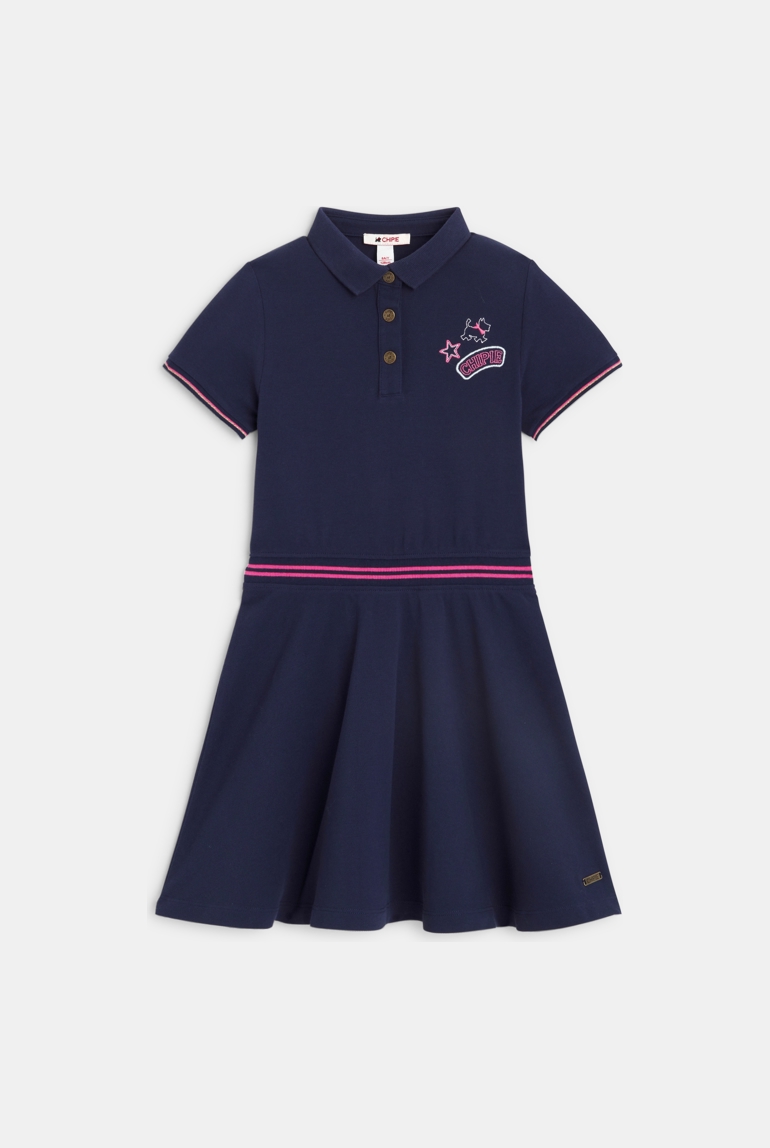 Vestido cuello polo punto piqué azul niña Chipie 1