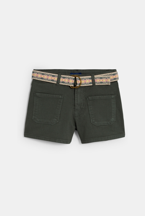 Shorts in tela tinta unita kaki per bambina 1