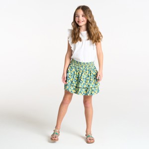 Girl's short green ruffled floral motif skirt 1