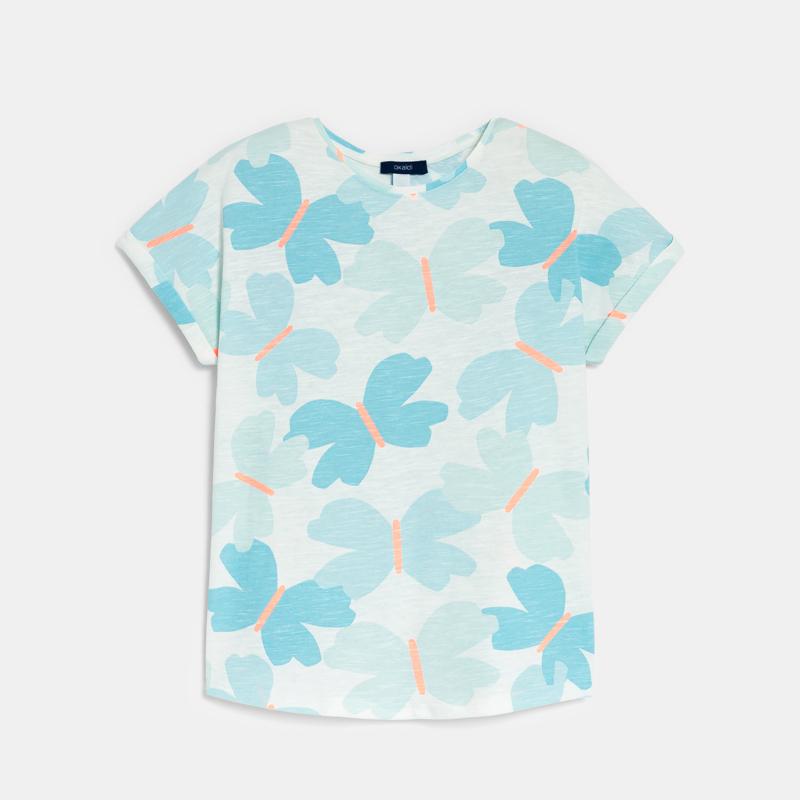 Mit Schmetterlingen bedrucktes Kurzarm-T-Shirt Blau Mädchen