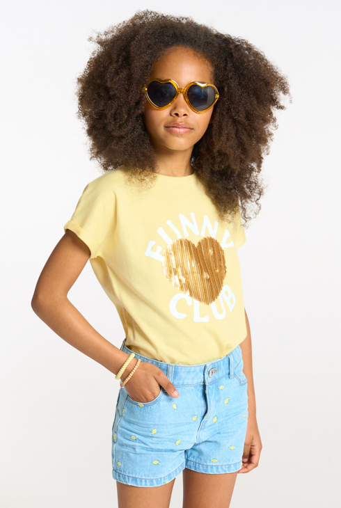 Gelbes Kurzarm-T-Shirt mit Pailletten Mädchen 1