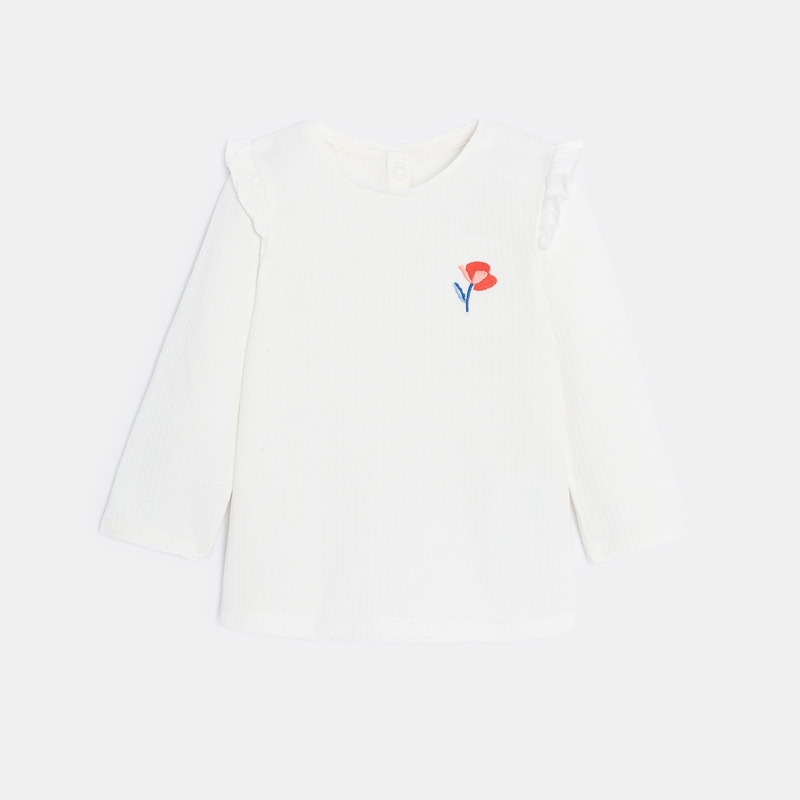 Geripptes weißes T-Shirt mit Volants Baby Mädchen