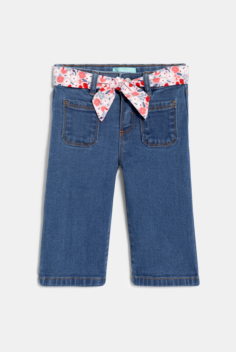 Pantalon large en jean ceinture fleurie denim bleu bébé fille 1