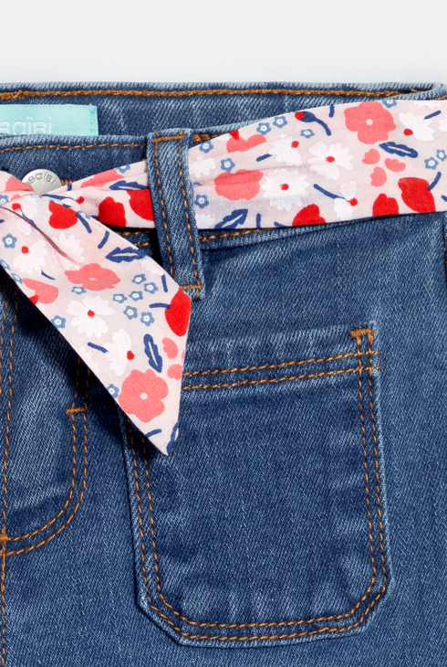 Pantalon large en jean ceinture fleurie denim bleu bébé fille