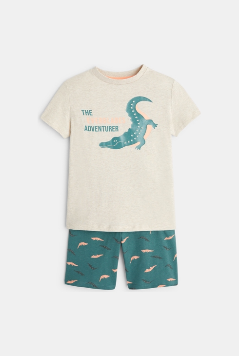 Beiger Kurz-Pyjama mit Krokodilmotiv für Jungen 1