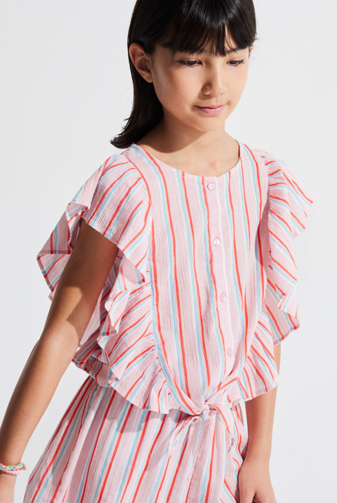 Dekliška črtasta rožnata bluza z volančki 1