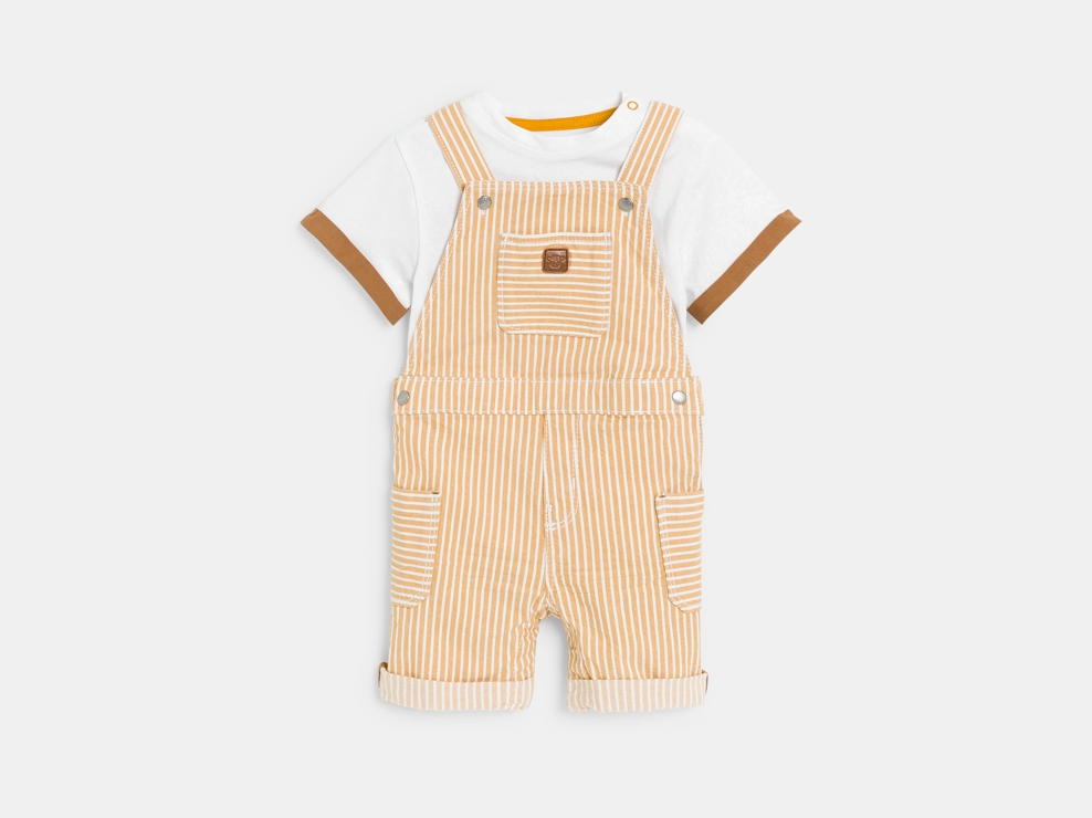 Salopette rayée denim et t-shirt jaune bébé garçon 1
