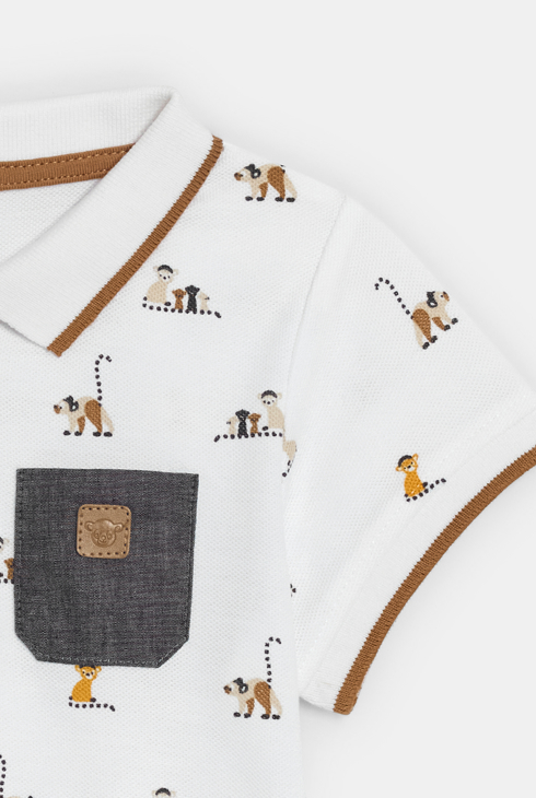 Polo maille piquée animaux blanc bébé garçon