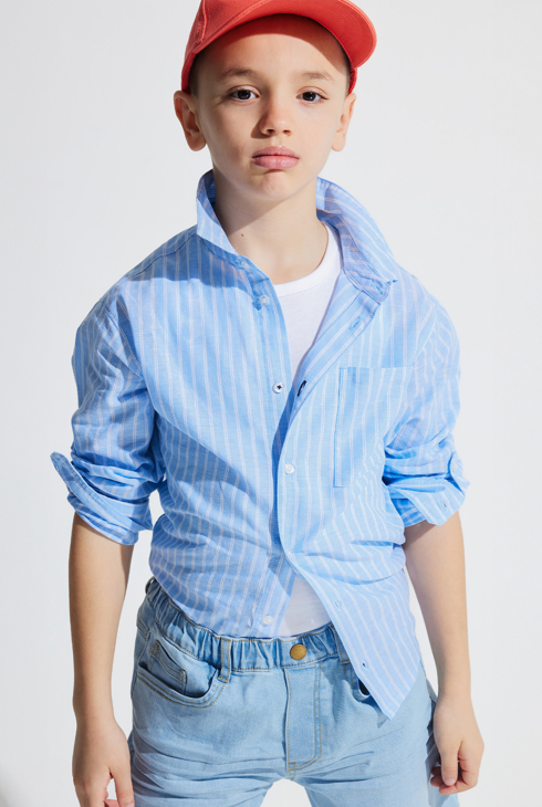 Chemise rayée en lin bleu Garçon 1