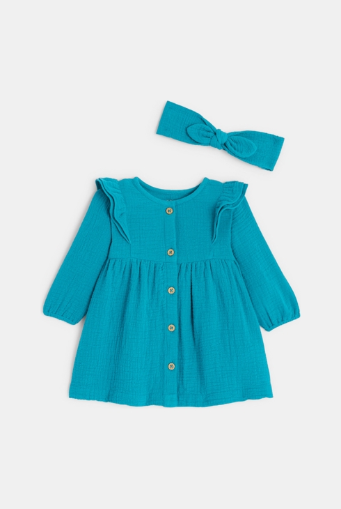 Robe coton fantaisie et headband vert bébé fille 1