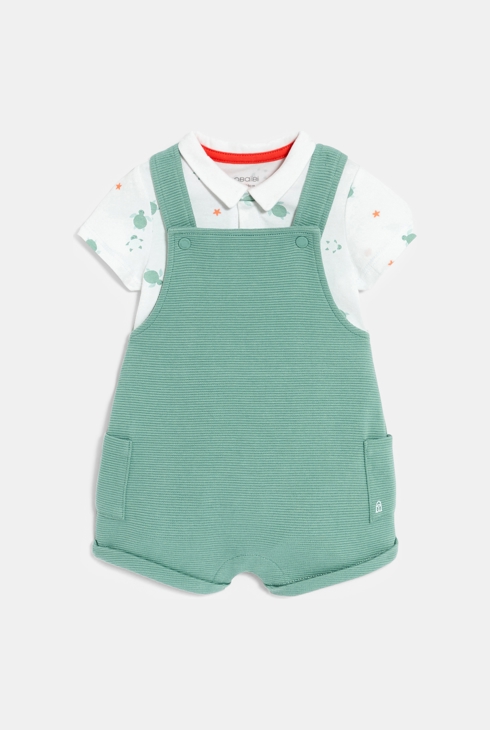 Salopette courte coton côtelé et body assorti vert bébé garçon 1