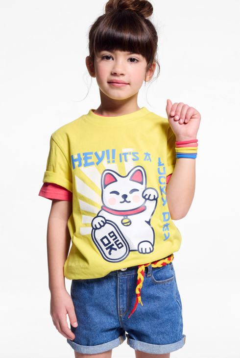 Rumena majica z motivom kitajske mačke za deklice 1