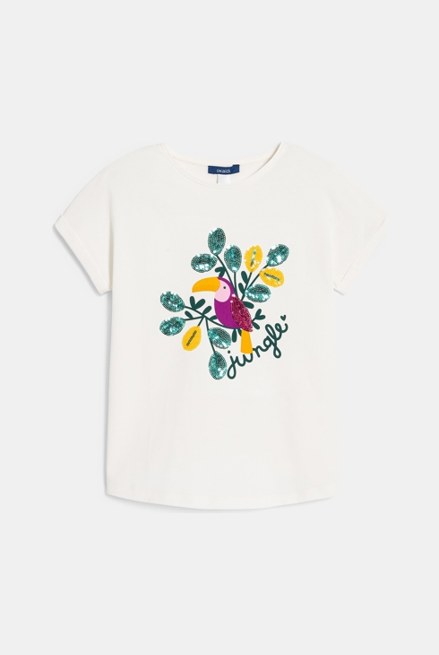 Girls' white toucan motif T-shirt 1