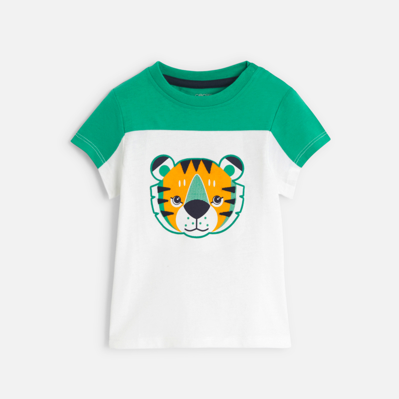 Baby-T-Shirt in Weiß und Grün mit Colorblock und Tiger für Jungen
