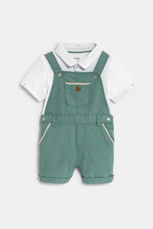 Zielone ogrodniczki i dzianinowe białe polo z piki niemowlę chłopiec 1