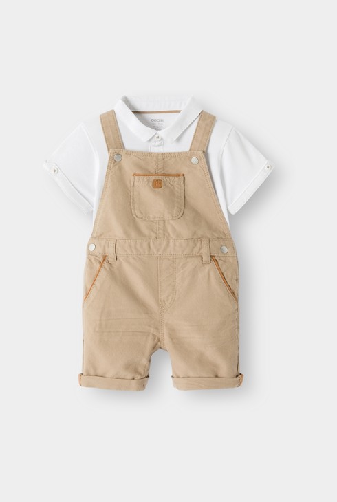 Salopette courte beige et polo maille piquée blanc bébé garçon 1