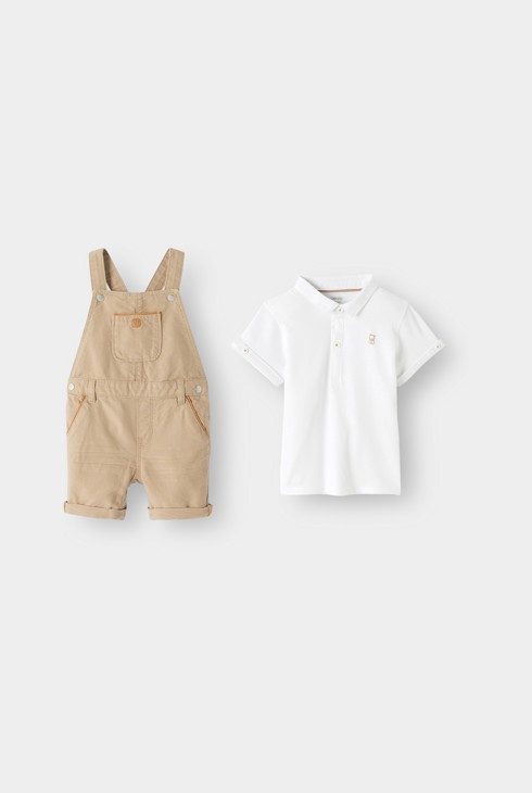 Salopette courte beige et polo maille piquée blanc bébé garçon 2