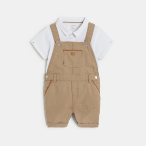 Salopette courte beige et polo maille piquée blanc bébé garçon 1