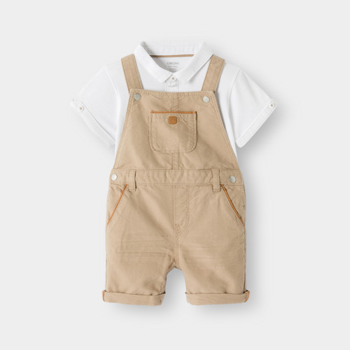 Salopette Courte Beige Et Polo Maille Piquée Blanc Bébé Garçon - Beige Moyen - 9M - OBAIBI