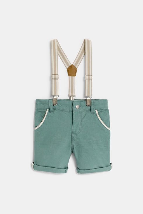Short à bretelles coton effet lin vert bébé garçon 1