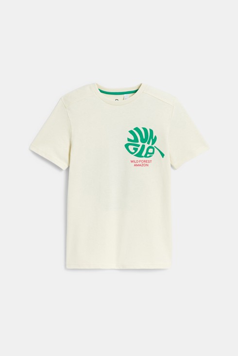 Boy's off-white T-shirt with a slogan and leaf motif on the front and back 2