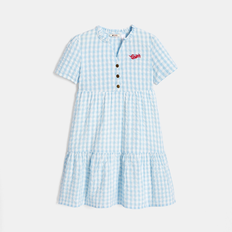 Blaues Vichy-Kleid mit Volants für Mädchen.
