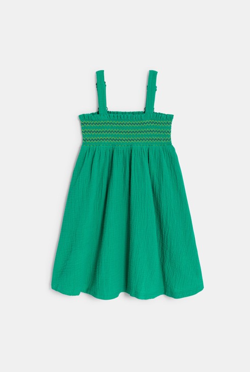 Robe à smocks en gaze de coton vert Fille 1
