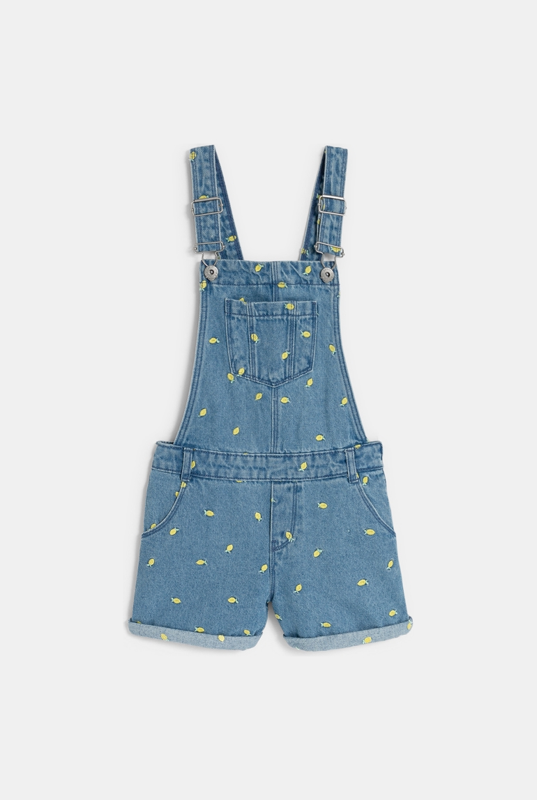 Kurze Latzhose aus blauem Jeansstoff mit Zitronenmotiv für Mädchen 1