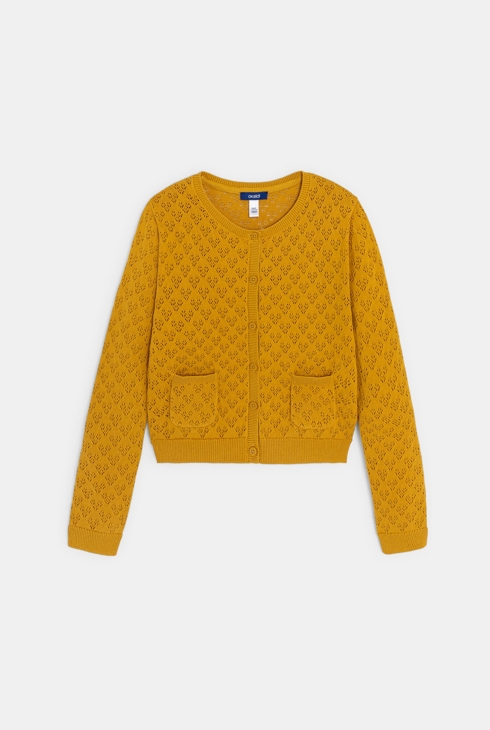 Rumena dekliška pletena jopa z okrasnim luknjastim vzorcem 1