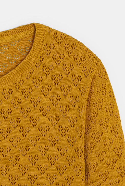 Rumena dekliška pletena jopa z okrasnim luknjastim vzorcem 2