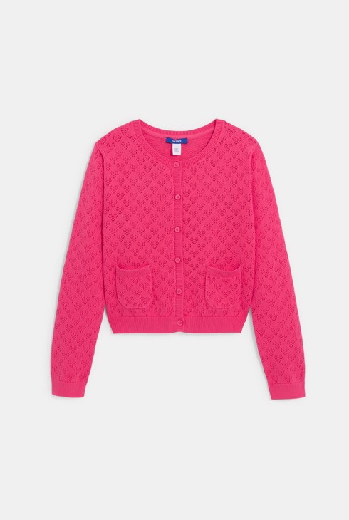Rožnata dekliška pletena jopa z okrasnim luknjastim vzorcem 2