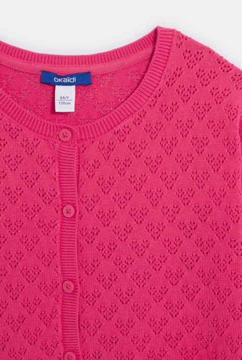 Rožnata dekliška pletena jopa z okrasnim luknjastim vzorcem 2