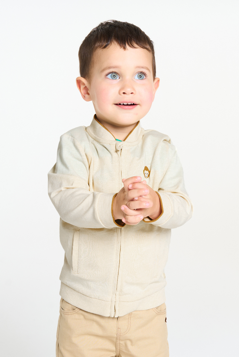Beige Baby-Weste aus gefüttertem Jersey mit Reißverschluss und Tigermotiv für Jungen 1