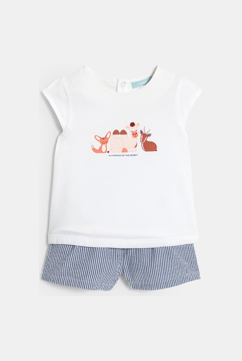 Tee-shirt animaux blanc et short seersucker bleu bébé fille 1