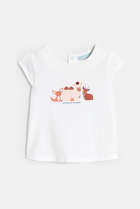 Tee-shirt animaux blanc et short seersucker bleu bébé fille