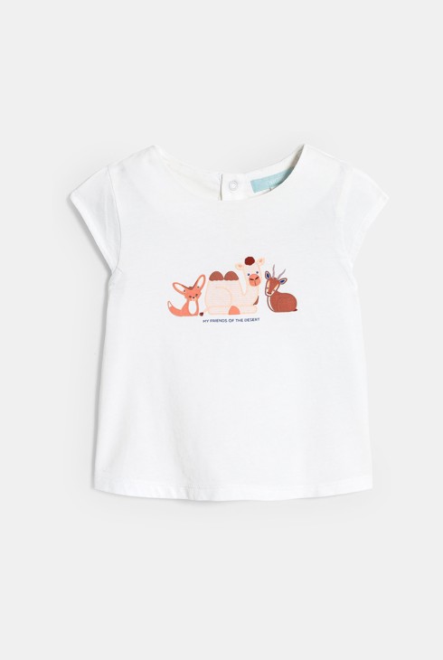 Dekliška bela majica z živalmi in modre kratke hlače iz krepa 2