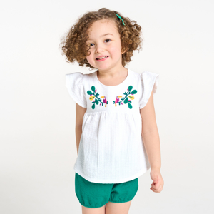 Baby girl's embroidered white toucan T-shirt and green knit shorts 1