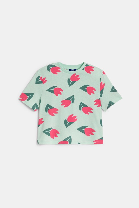 Girls' green tulip motif T-shirt 2