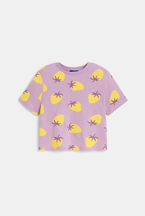 Dekliška kratka majica svetlo vijolične barve z motivom jagode 2